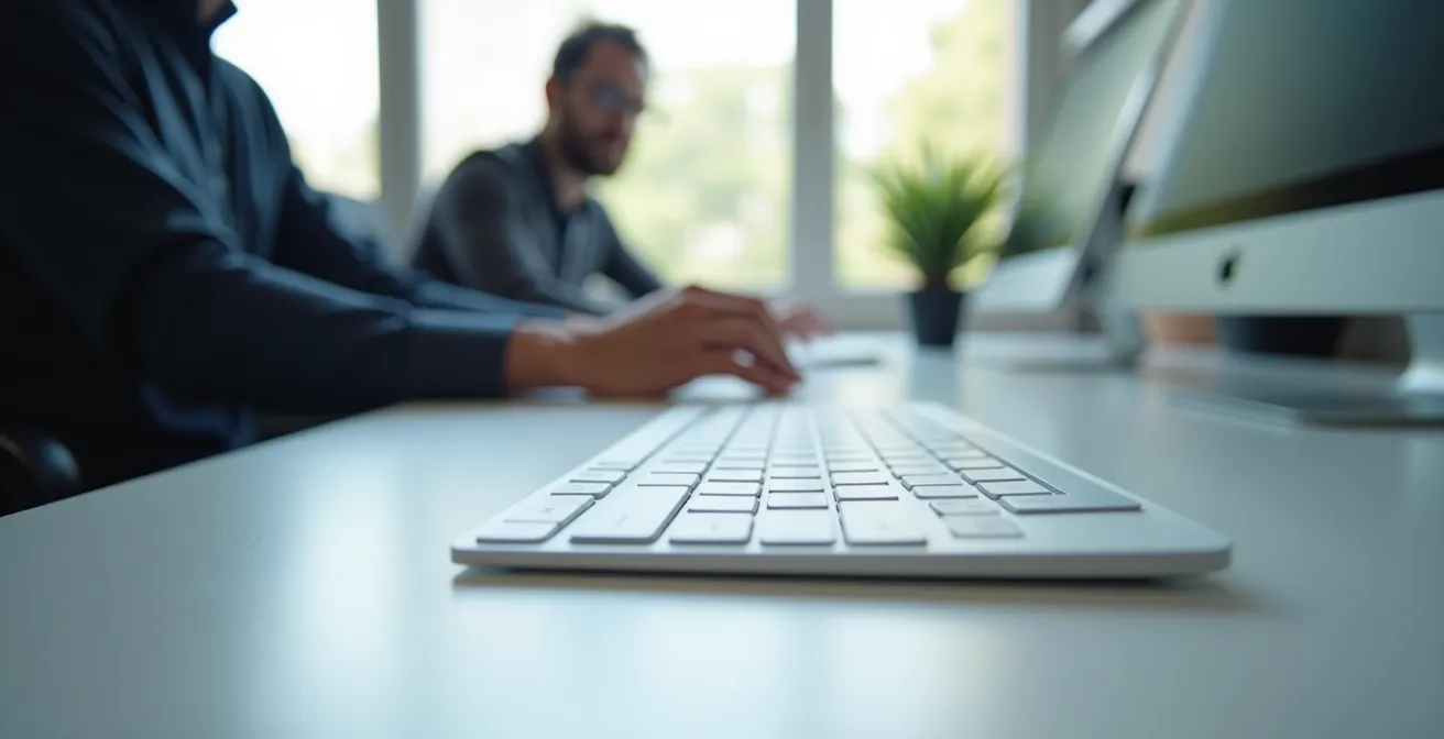 Professional photo showing an accessibility testing setup with a keyboard prominently in focus and assistive tools in a clean workspace.
