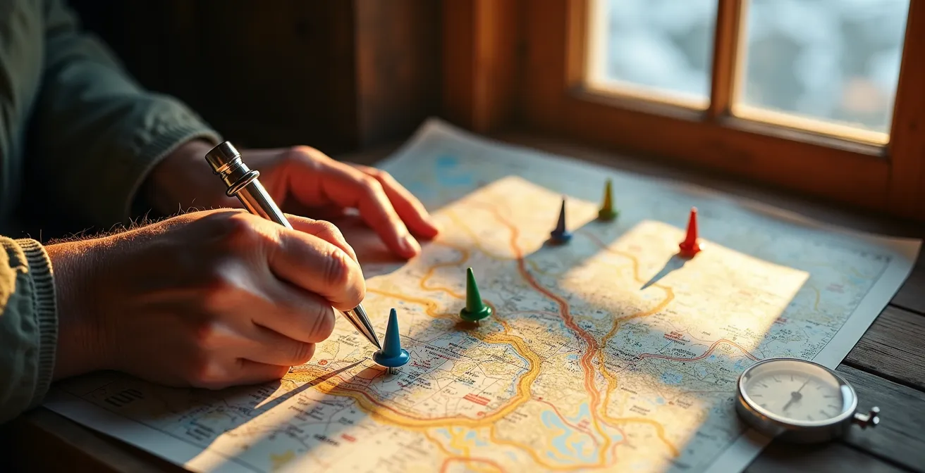 Mountaineers planning altitude acclimatization schedule with topographic maps