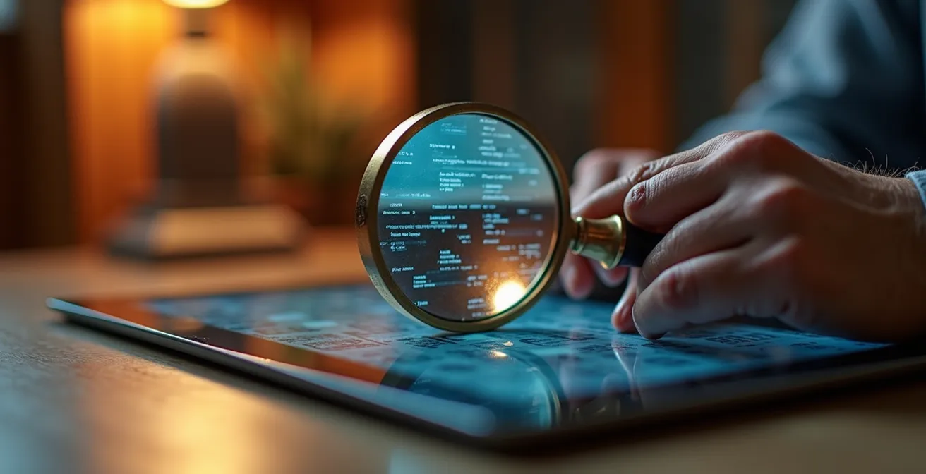 Close-up of hands holding magnifying glass over tablet displaying review patterns