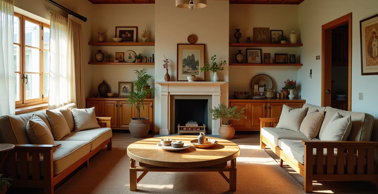 Warm, lived-in homestay common area showing personal touches and cultural elements