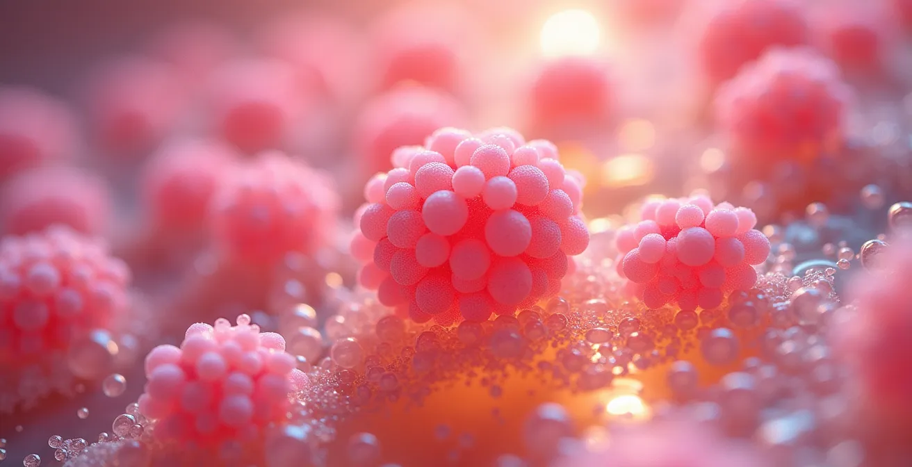 Extreme close-up of meat cells growing on scaffold structure in bioreactor