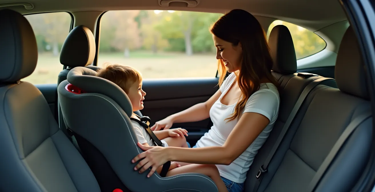 Side profile view of compact car interior showing proper child seat installation
