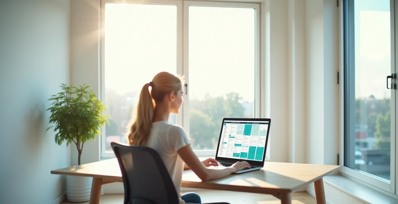 Person using laptop to search medical database with abstract charts visible on screen