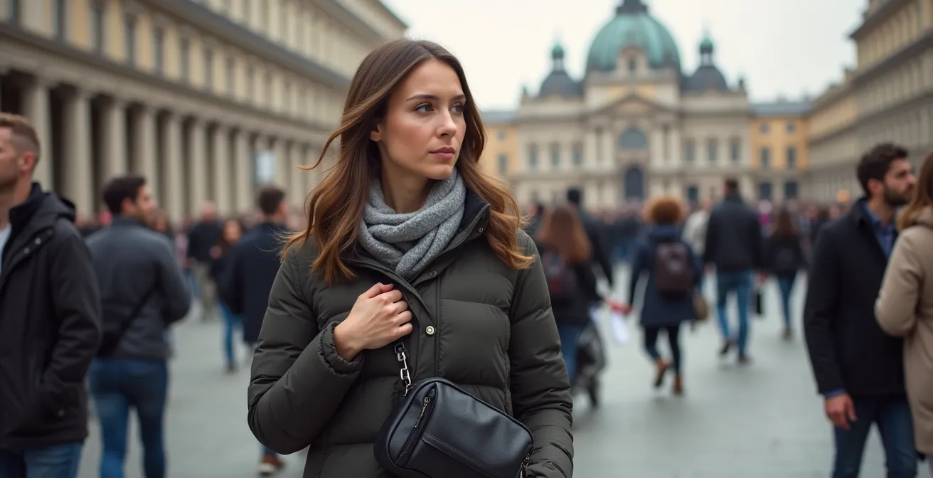 Busy tourist square with alert traveler navigating through crowd