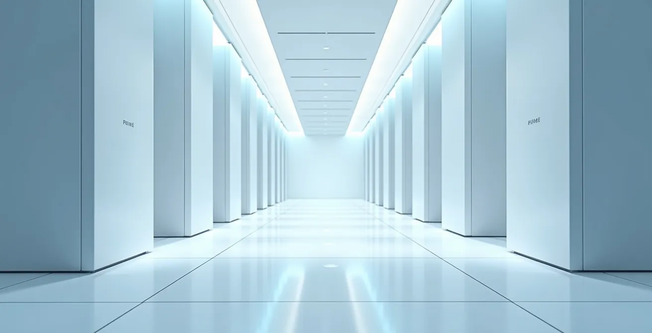 Minimalist wide shot of an empty, pristine server room with selective lighting highlighting only essential equipment