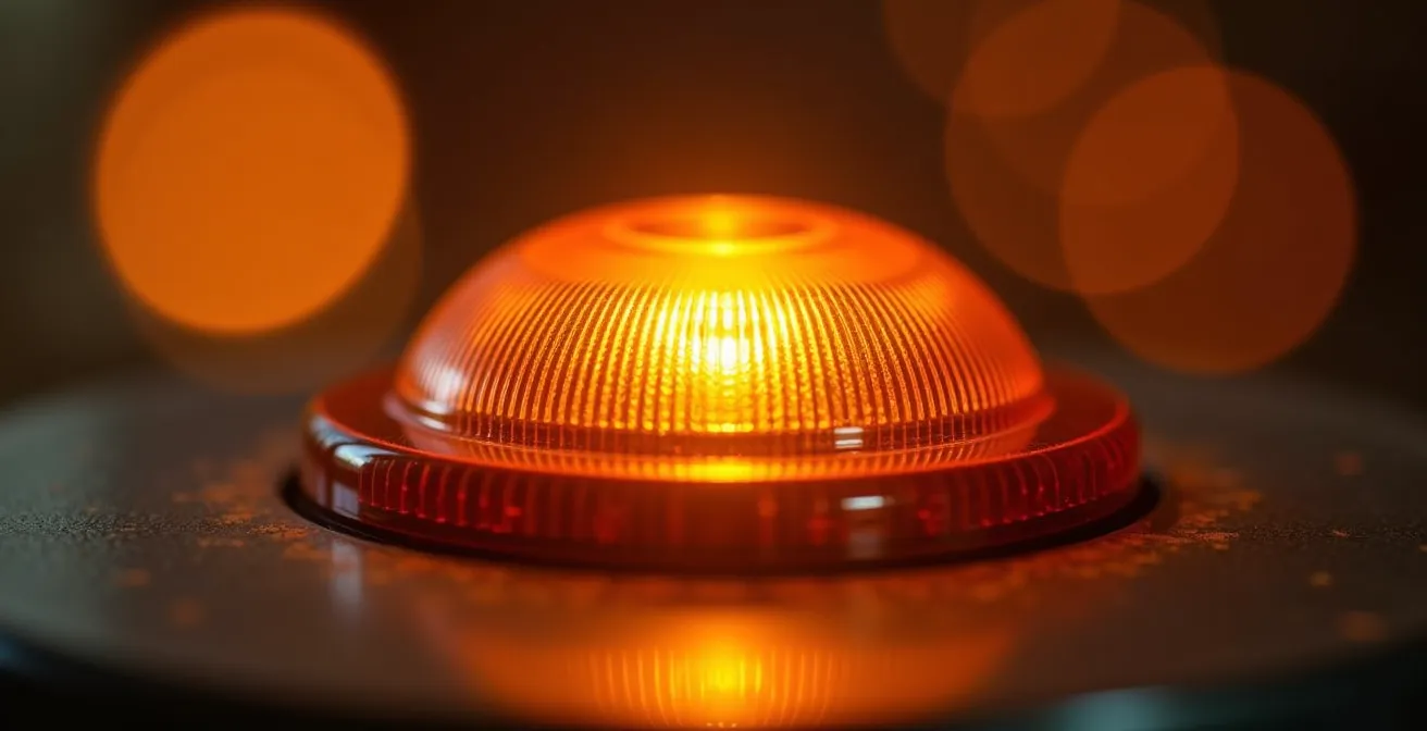 A close-up macro shot of a soft amber safety indicator light, suggesting a non-threatening warning system.