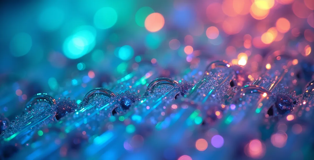 Extreme close-up of DNA sequencing equipment with colorful light patterns