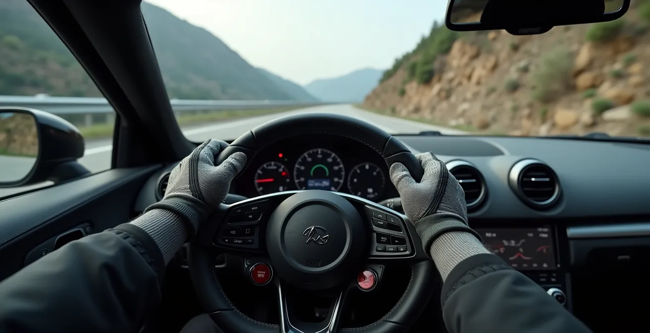 First-person view from driver's seat showing hands on steering wheel navigating a challenging curve