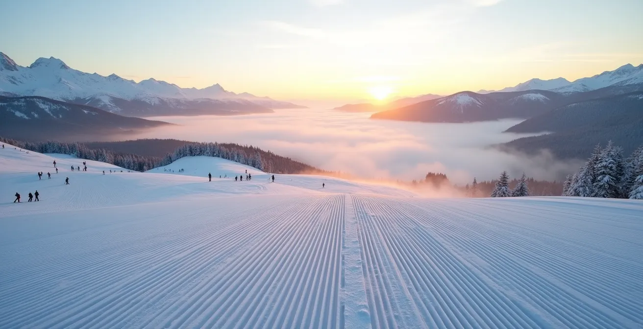 Pristine groomed ski slopes on a quiet Tuesday morning with perfect corduroy patterns