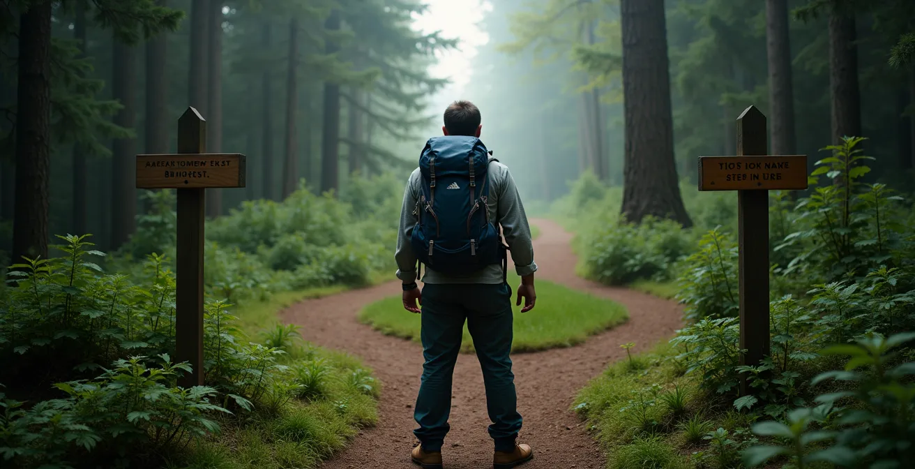 A backpacker standing at a trail junction, examining two diverging paths in a dense forest.