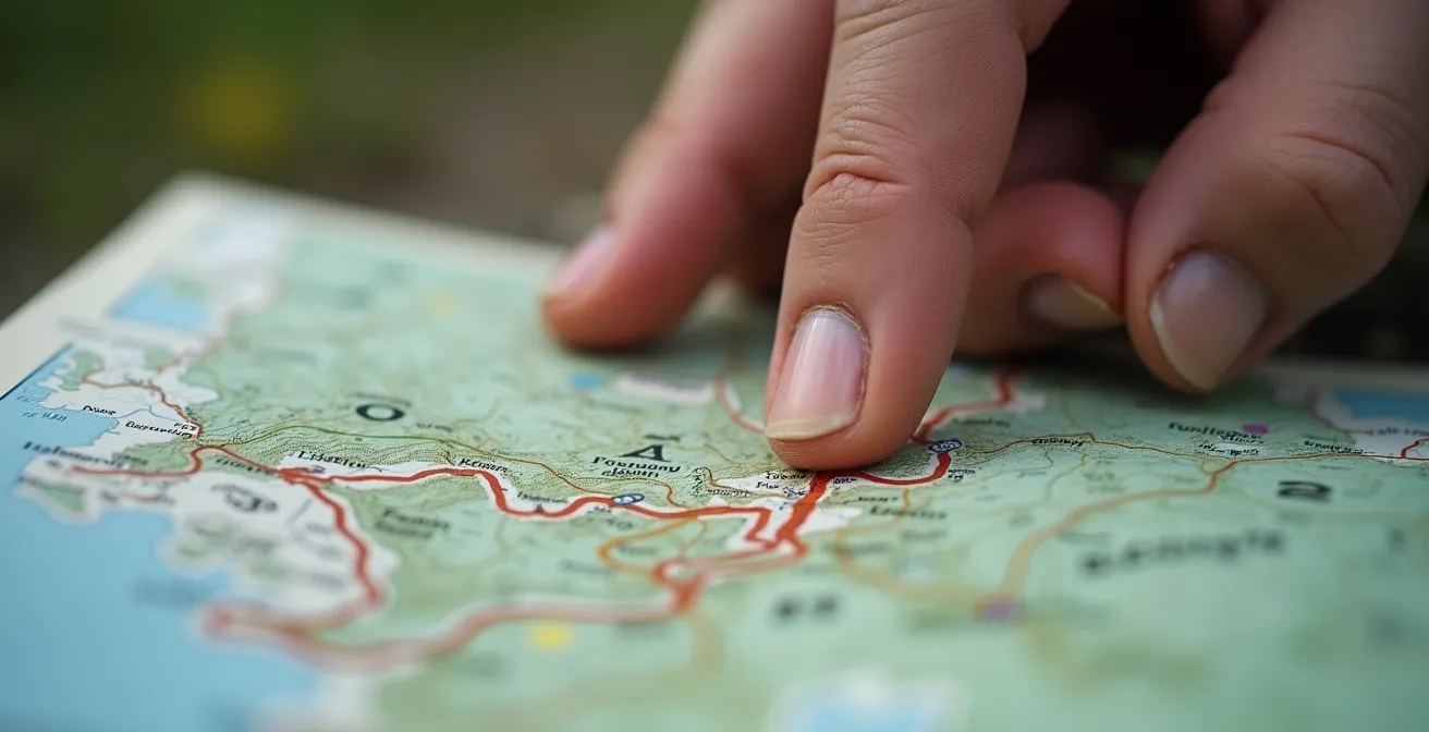Close-up of a hiker's hand tracing a route on a topographic map showing contour lines