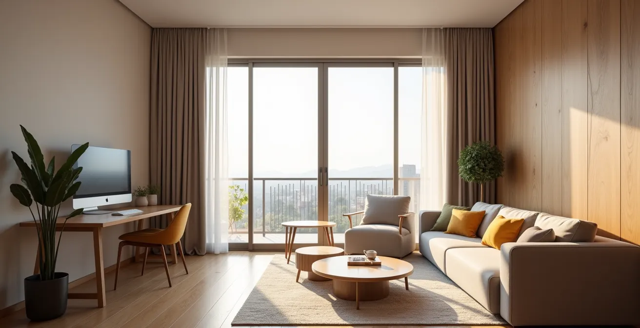 Minimalist home office with clear visual boundary between work and living spaces