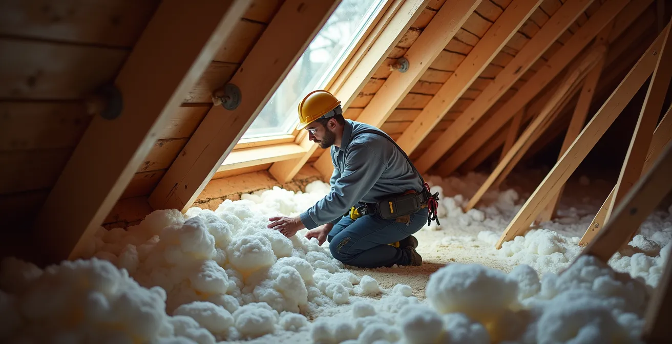 Person installing attic insulation in a residential home showing human scale and practical application