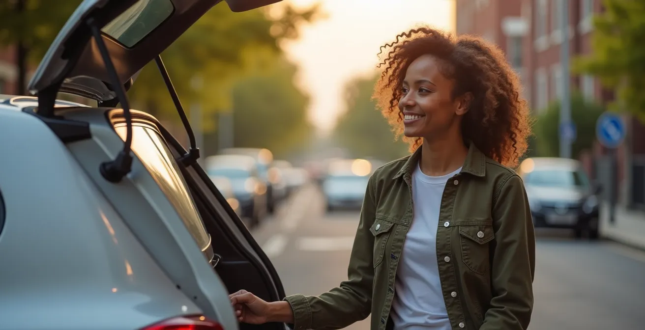 Professional commuter with genuine smile unfolding e-scooter beside parked car in morning light