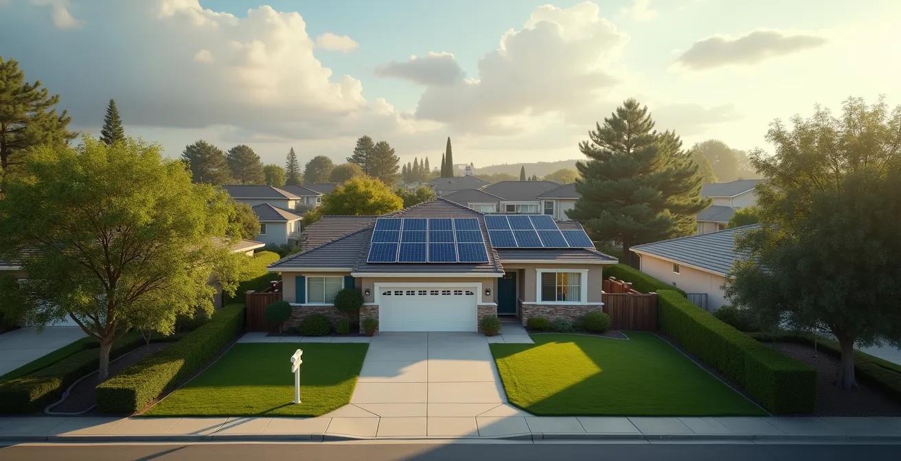 Wide-angle view of suburban house with solar panels on roof and environment showing surrounding homes