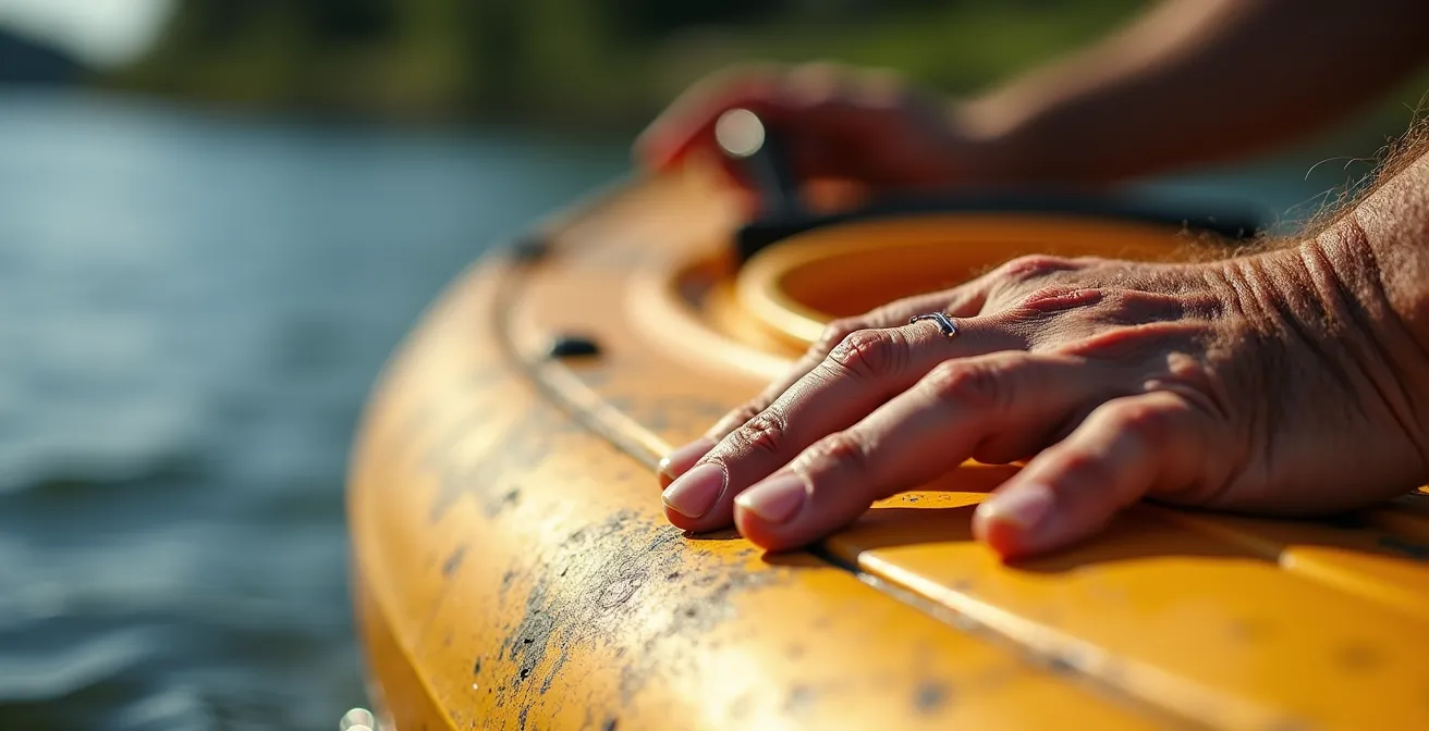 Macro close-up of hands inspecting kayak hull surface showing texture and safety check points