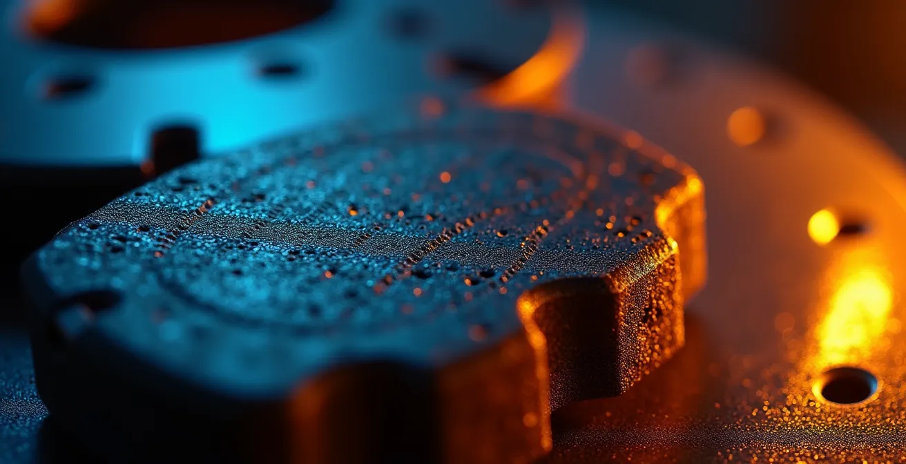 Extreme close-up of high-performance carbon ceramic brake disc with visible heat dissipation patterns