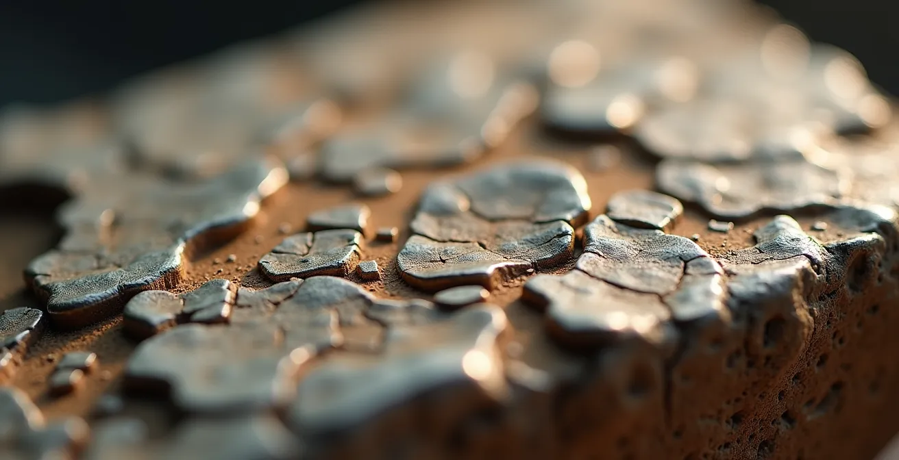Extreme close-up of an ancient artifact's weathered surface showing delicate textures