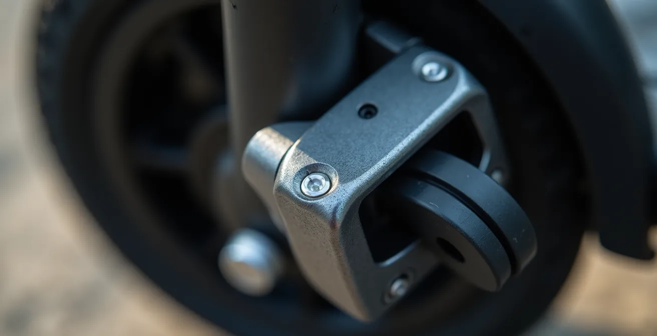 Extreme close-up of electric scooter folding mechanism showing metal latch and hinge detail