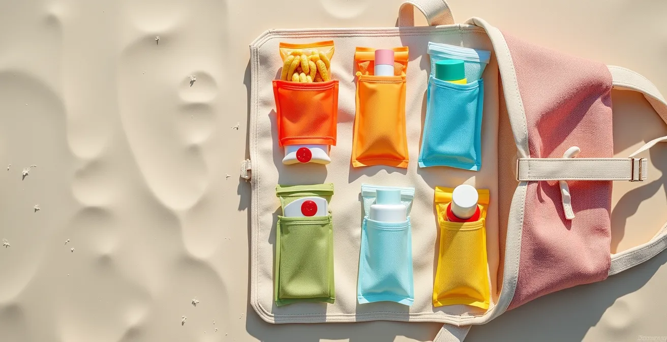 Overhead view of organized beach bag with color-coded pouches