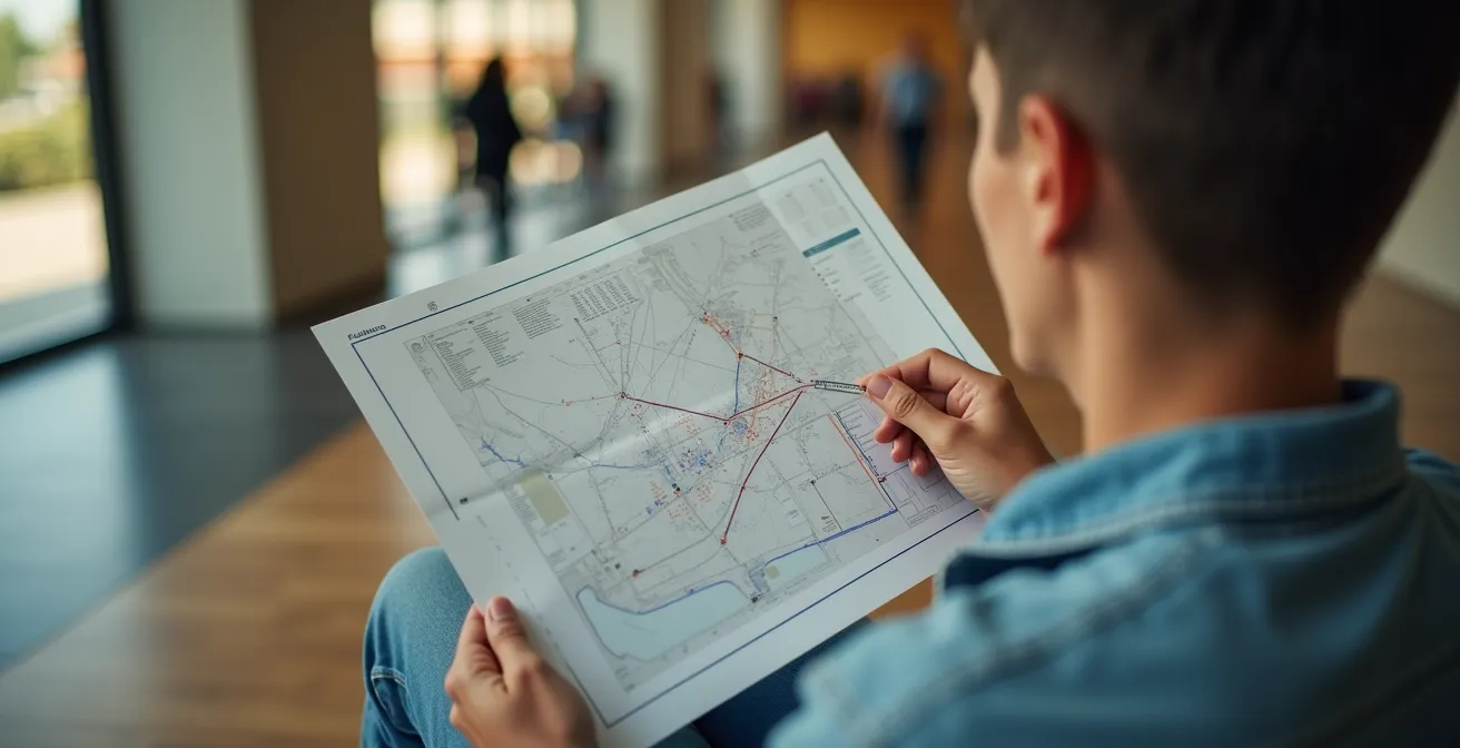 A visitor examining a museum floor plan while seated in the entrance area
