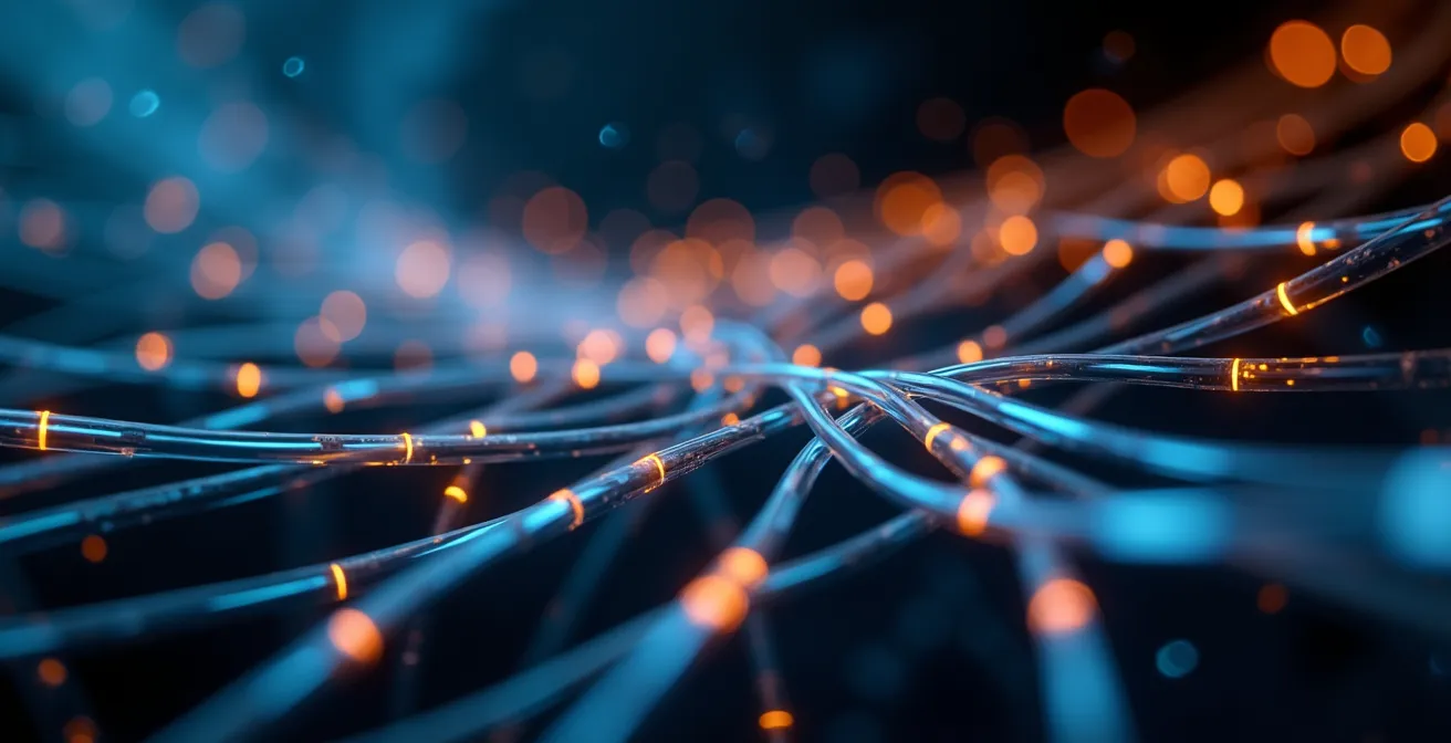 Abstract visualization of interconnected neural pathways resembling both brain networks and DNA sequences