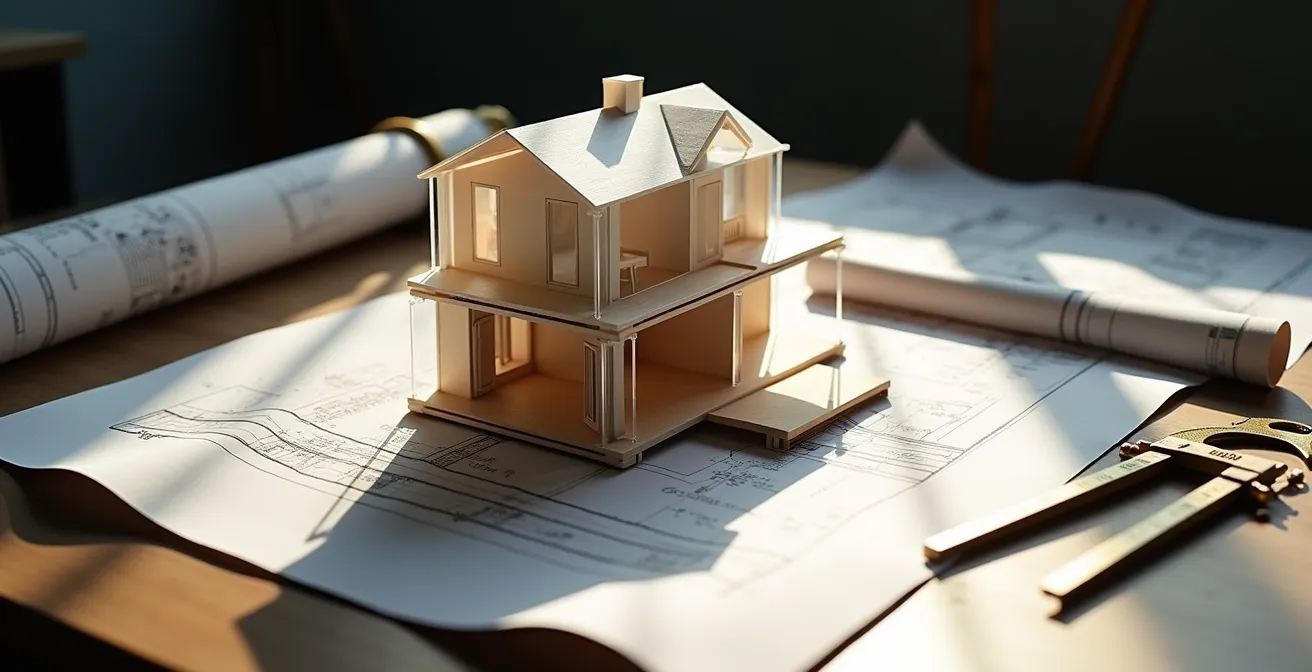 Cross-section architectural visualization showing a house being expanded vertically with new story addition while maintaining original setback footprint