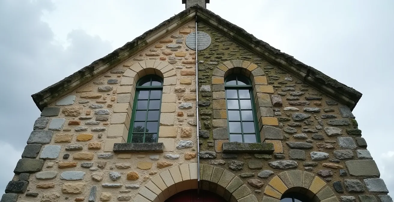 Split view of historic building showing restored and decayed sections