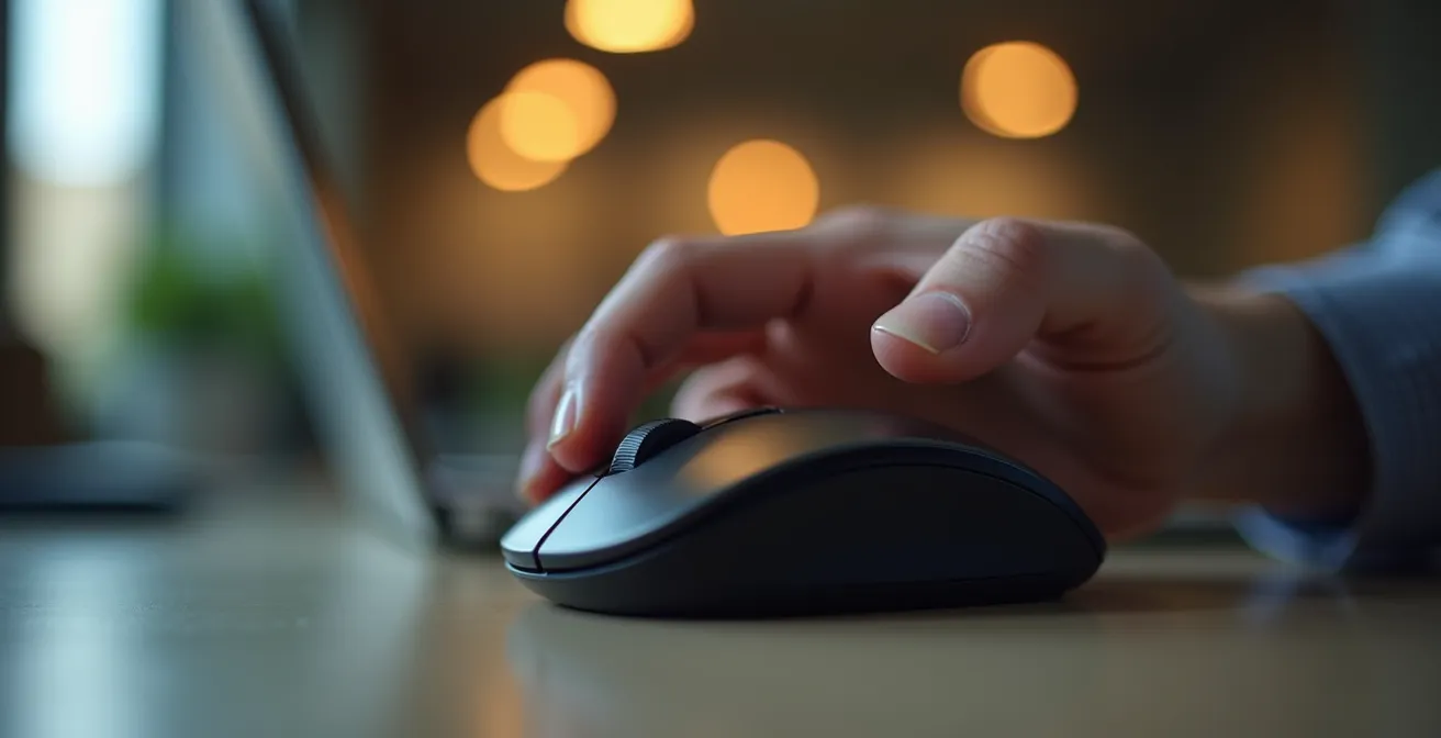 Close-up of a finger hovering over a computer mouse about to click, with blurred office environment in background suggesting impending danger