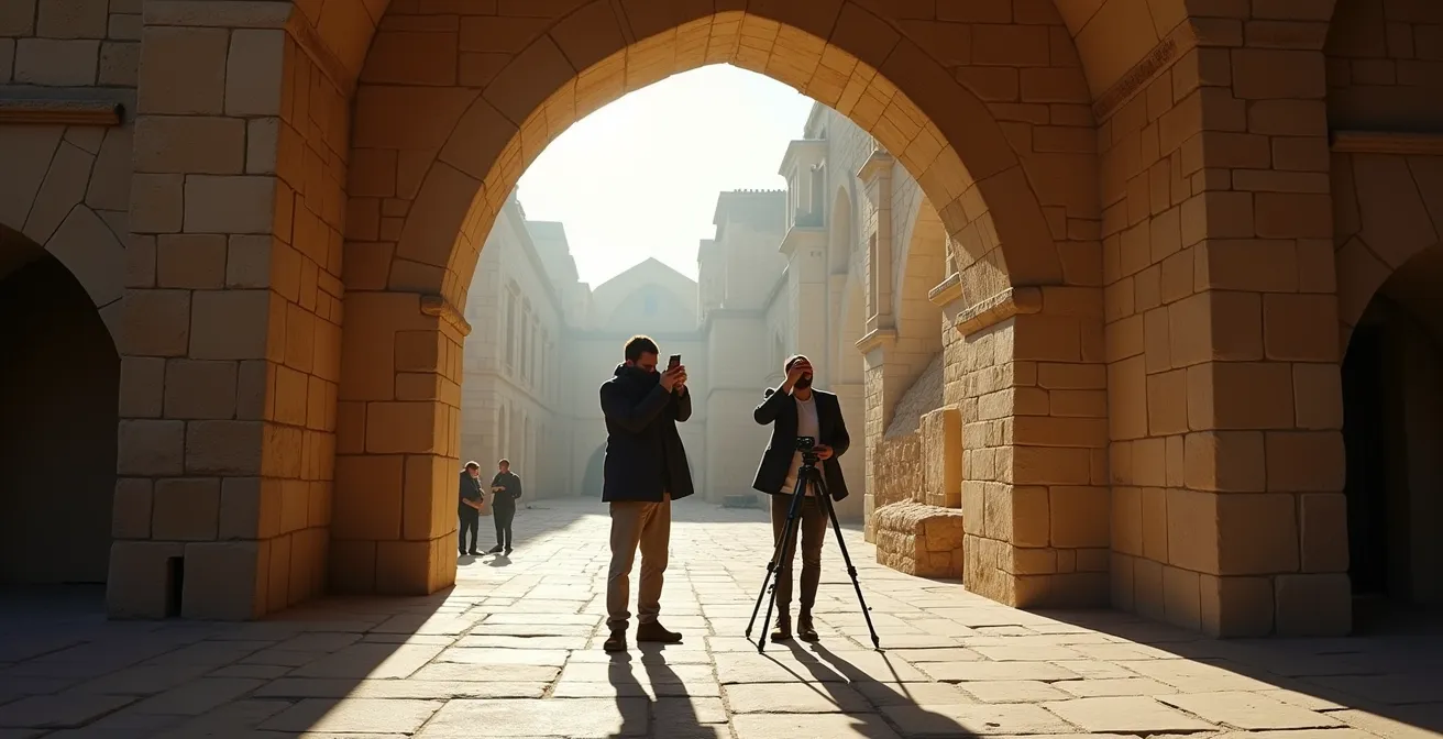 Split composition showing smartphone and DSLR photography techniques at monuments