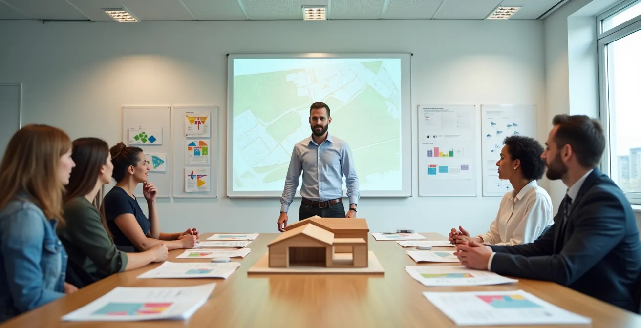 Homeowner presenting architectural models and shadow studies to planning committee members in municipal meeting room