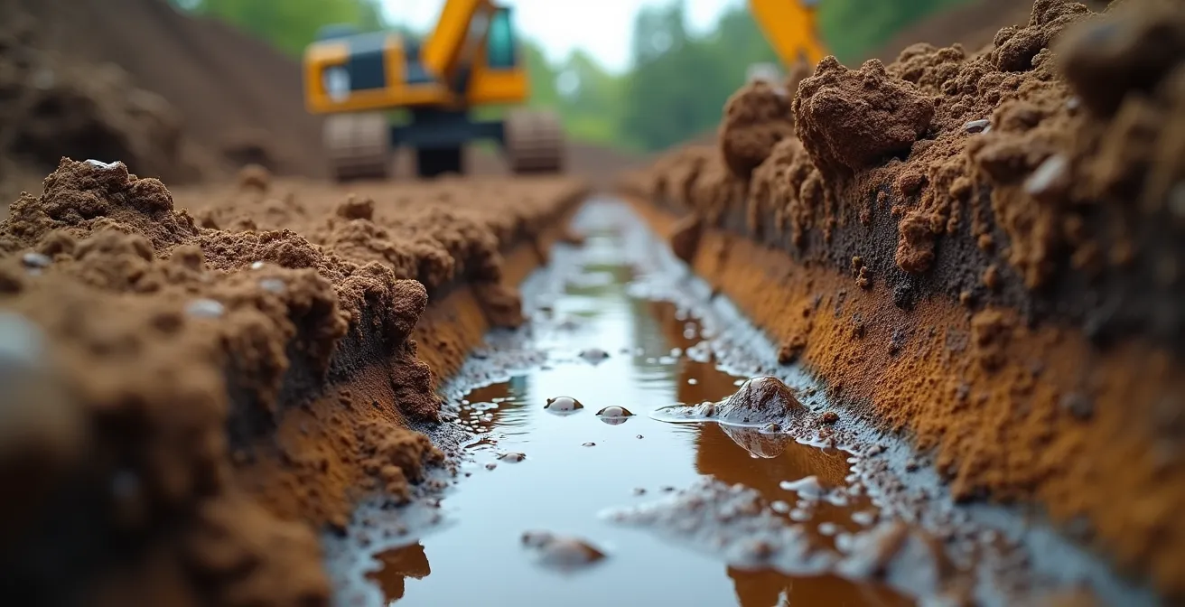 Cross-section view showing water table levels affecting basement foundation during wet season
