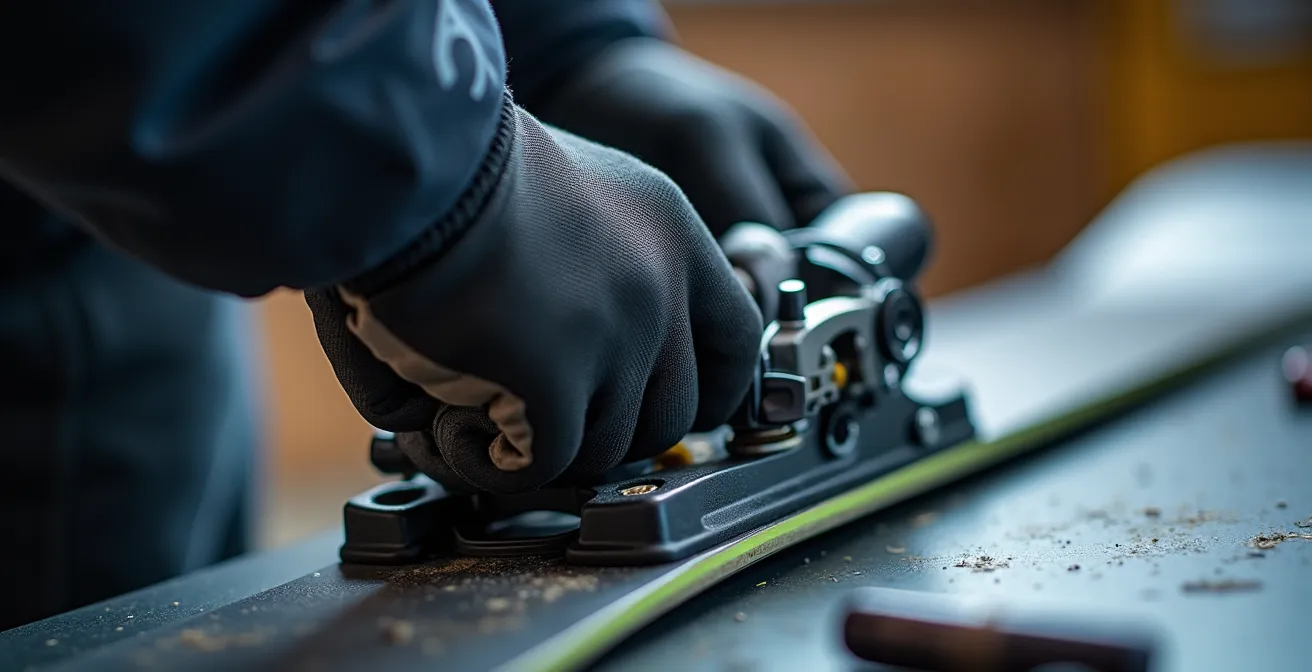 Detailed macro view of ski binding mechanism showing safety release components