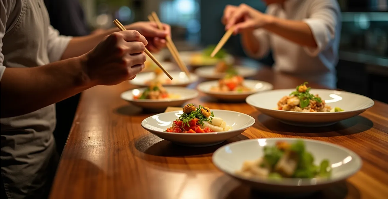Solo traveler at restaurant counter engaging with chef