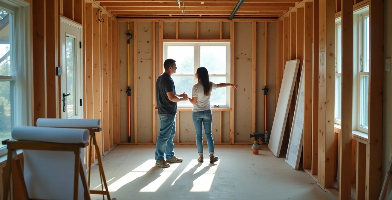 Interior view showing raw renovation potential with architectural drawings overlaid