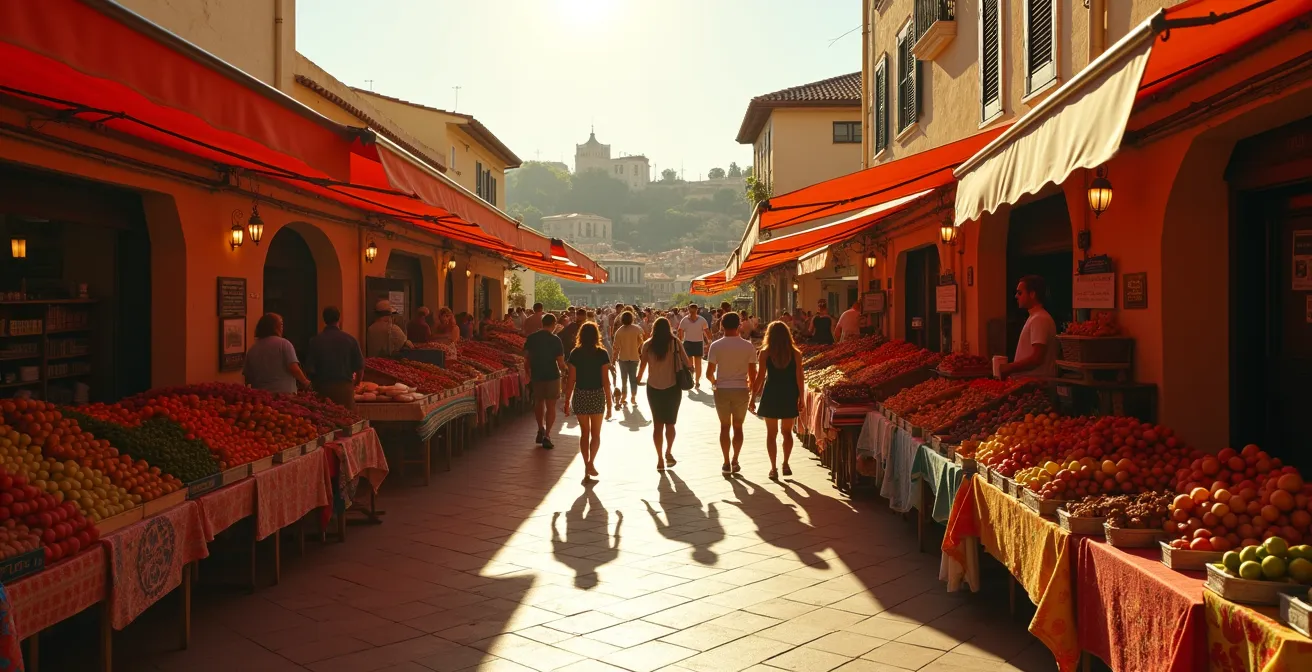 Wide shot of vibrant outdoor market with travelers exploring freely among colorful stalls