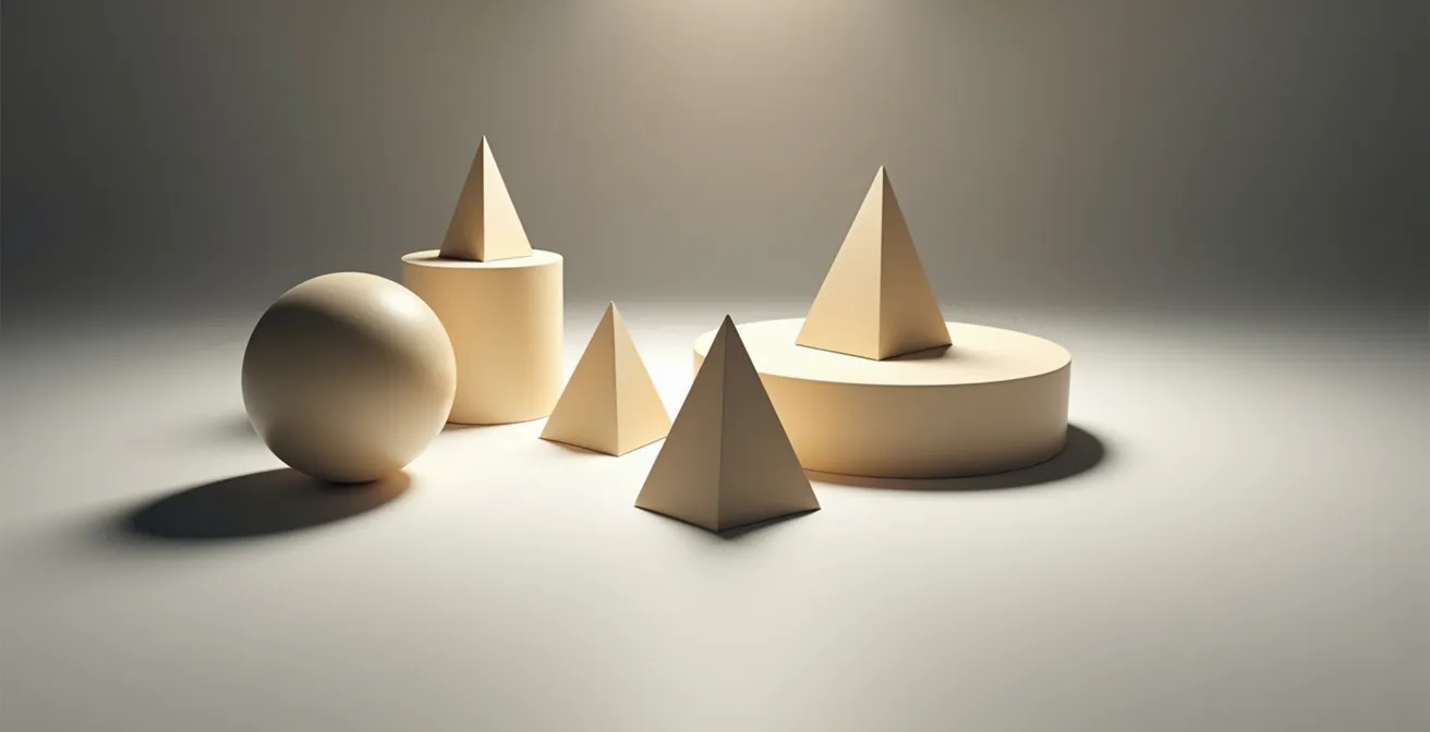 Abstract visualization of Socratic dialogue between student and AI with floating geometric shapes representing questions