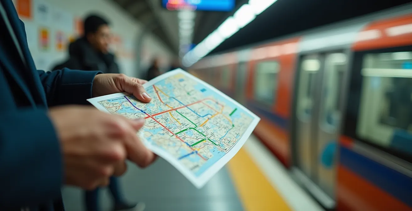Hands holding subway map in underground station with blurred trains