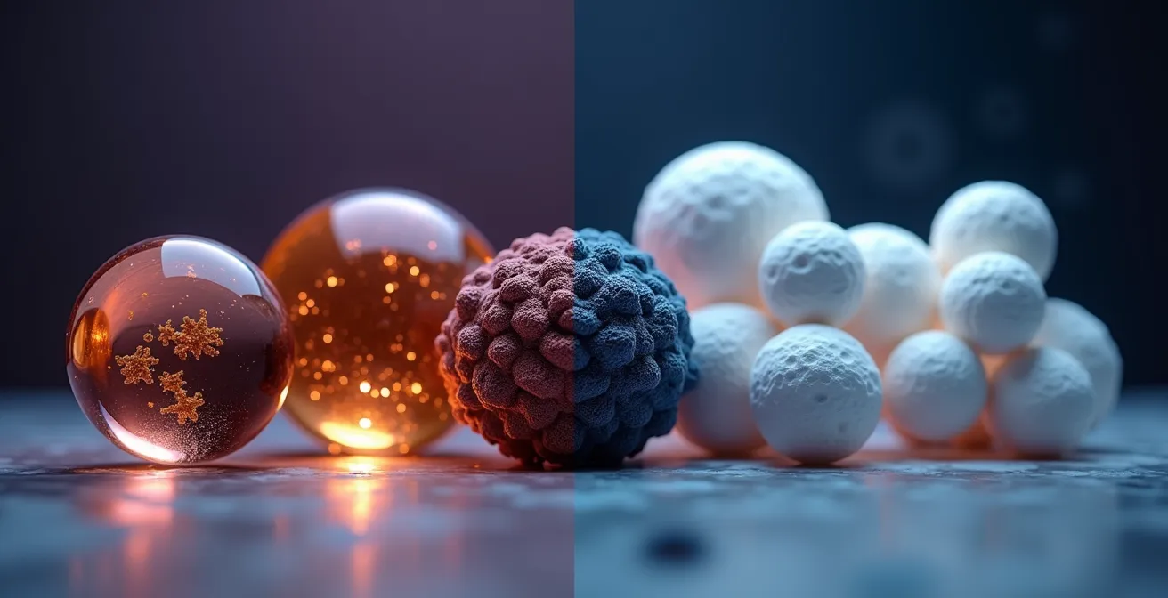 Split view comparison showing targeted drug molecules binding to cancer cell receptors versus immune cells attacking tumor