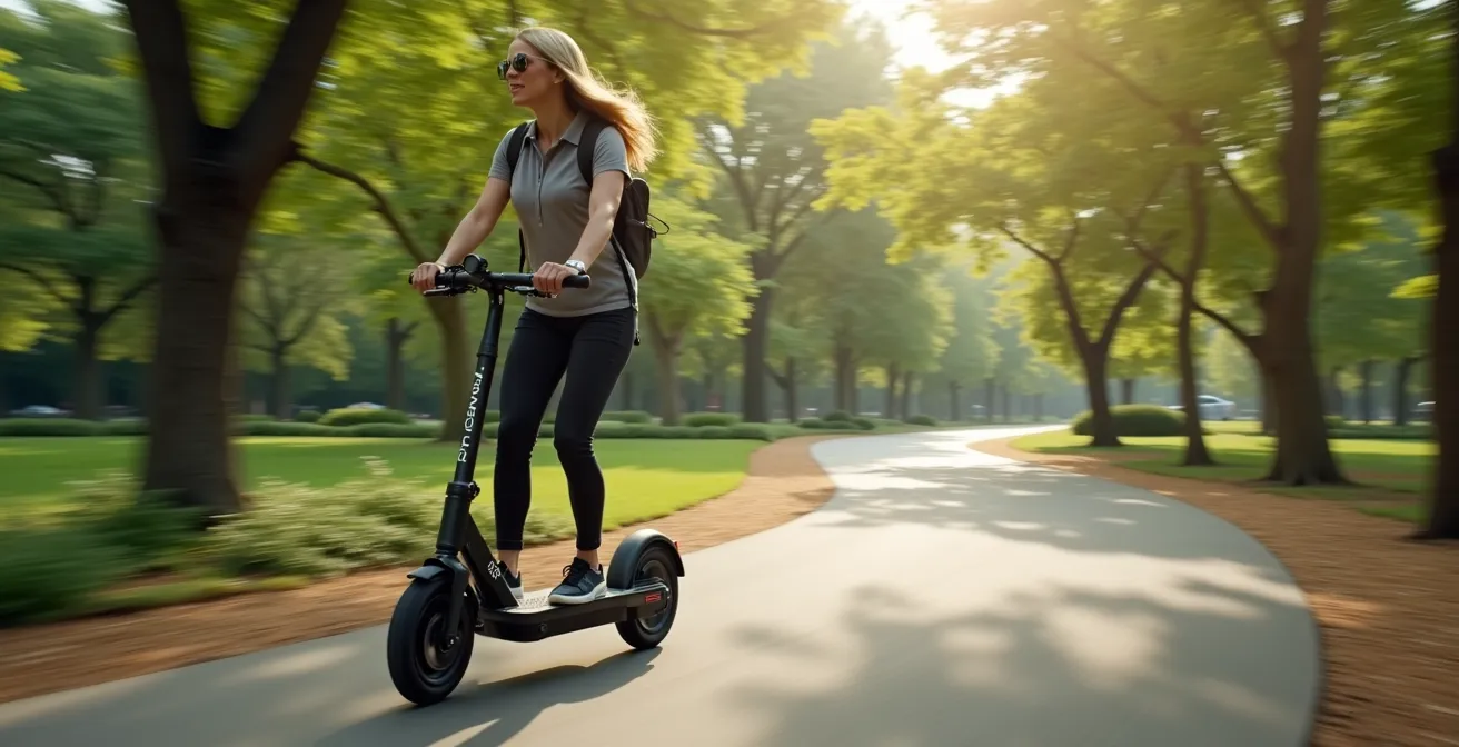 Tourist on electric scooter gliding through tree-lined urban park path