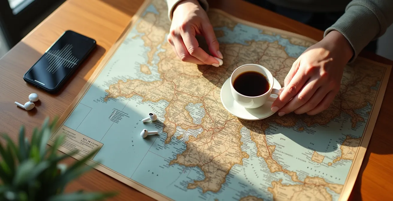 Person arranging podcast playlist on vintage map with headphones nearby
