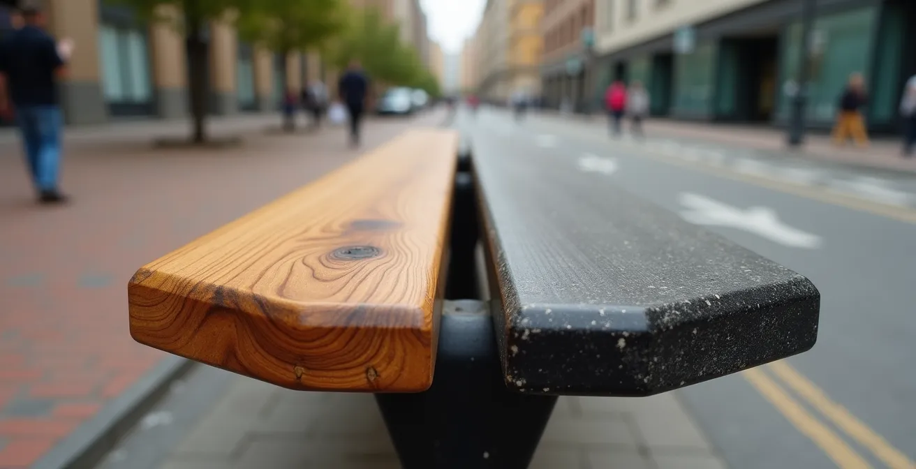 Macro close-up of contrasting bench designs showing social infrastructure choices