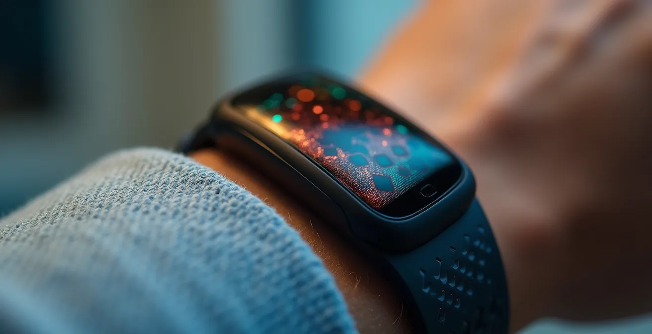 Close-up of health monitoring devices showing data trends