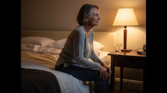 Person preparing for restful sleep in calm bedroom environment with Novanuit supplement routine