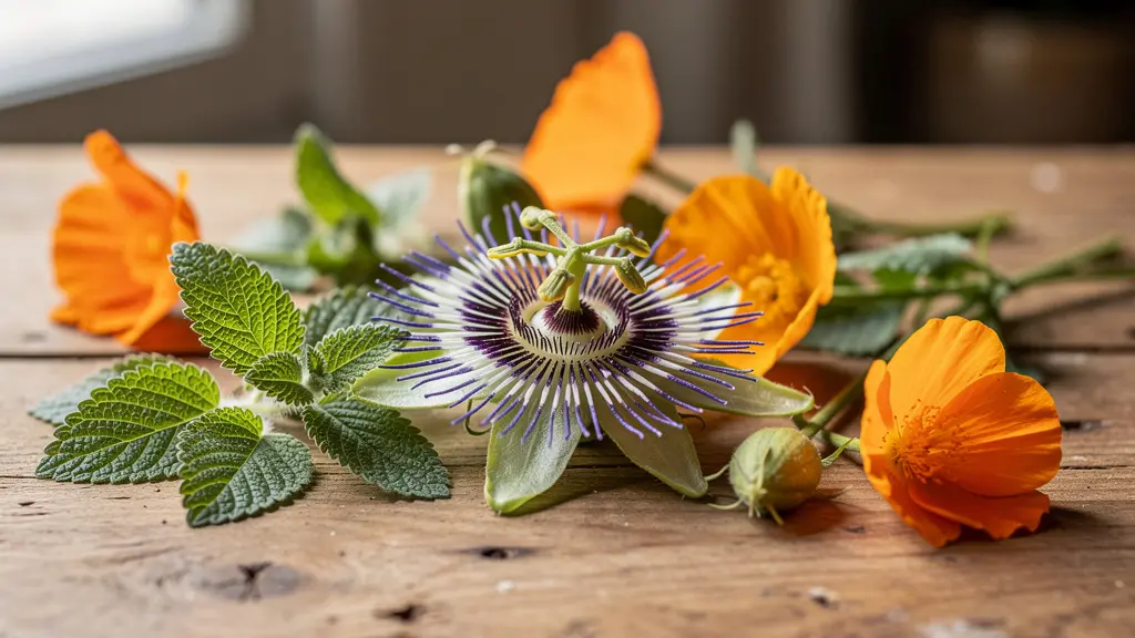 Natural sleep aid ingredients passionflower and lemon balm in botanical arrangement