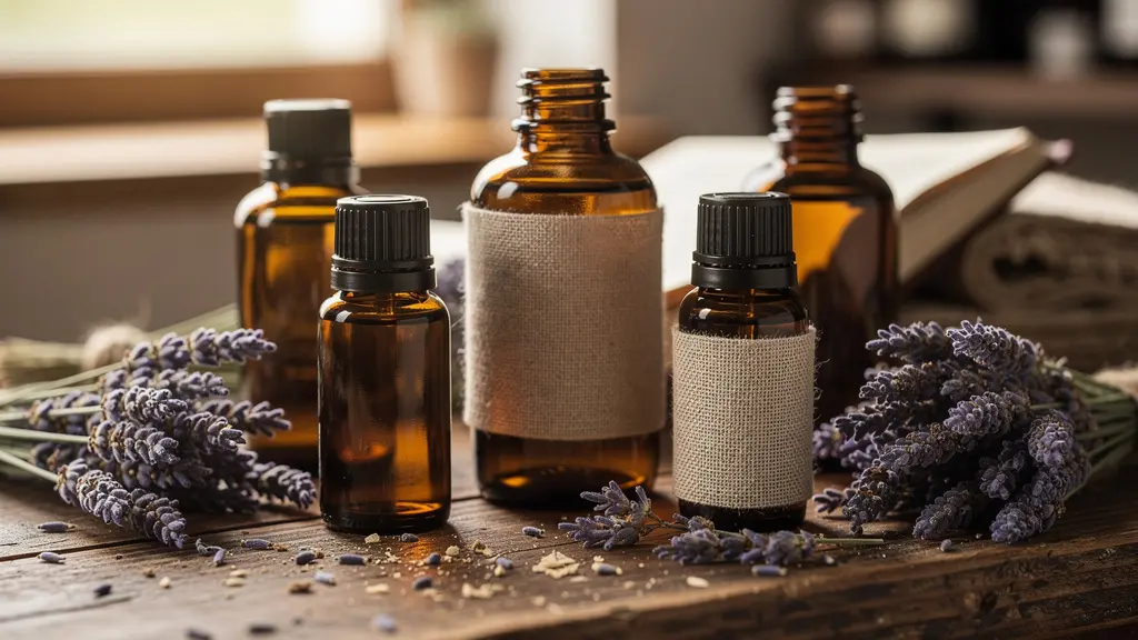 Essential oil bottles and dried lavender herbs on pharmacy counter
