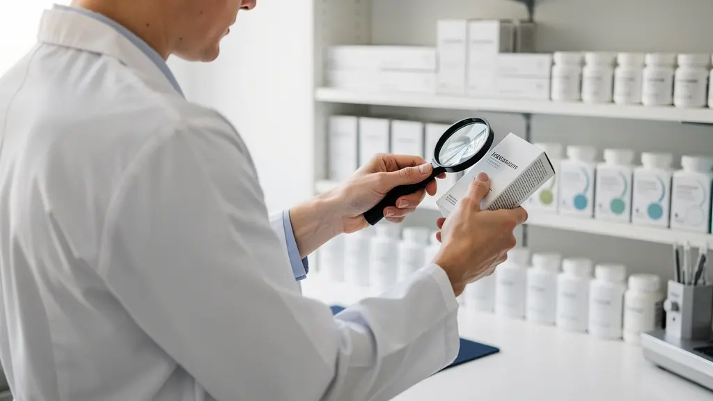 Pharmacist examining natural supplement packaging quality control