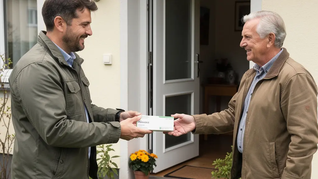 Delivery person handing pharmacy package to customer at doorstep