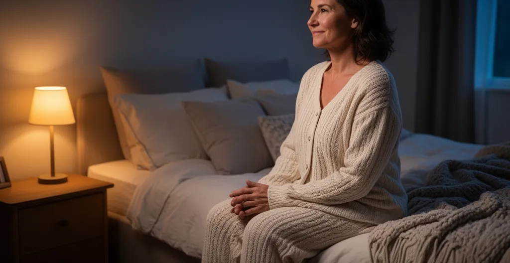Woman preparing for sleep in comfortable bedroom with soft evening lighting