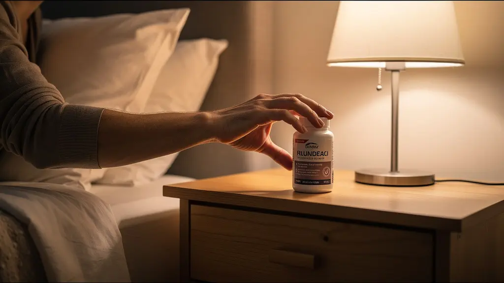 Person preparing for sleep in comfortable bedroom with bedside table (natural sleep aid routine)